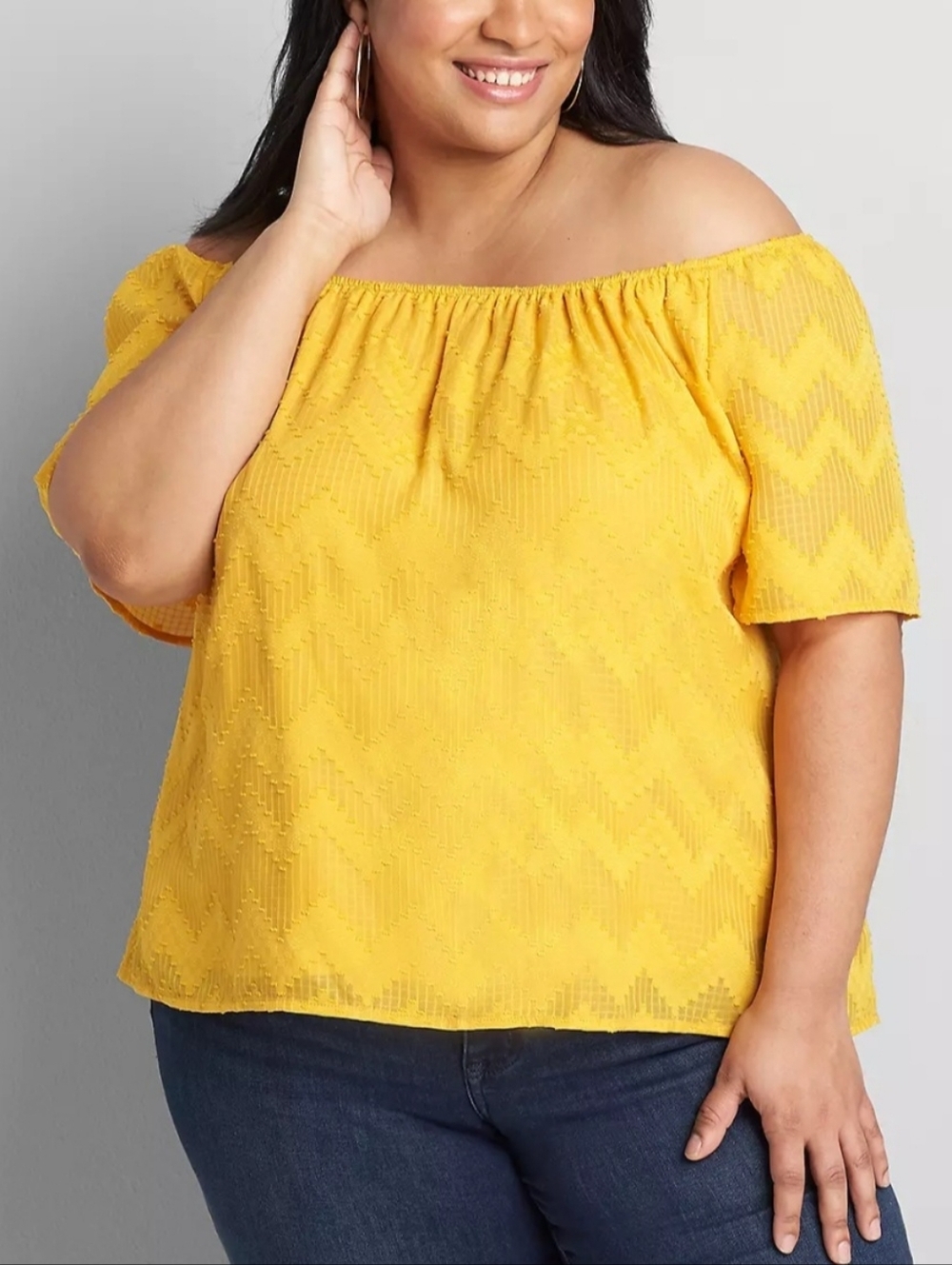 Lane Bryant Off-Shoulder Clip Dot Texture Yellow Blouse